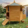 A wooden chicken coop with chickens in a grassy yard with flowers. Podgląd zdjęcia produktu