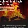 A close-up shot of burning logs in a fireplace, with text overlays highlighting the product's features. Produktbild-Vorschau