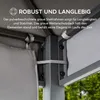 Close-up view of the robust steel frame and weather protection roof of a gazebo, with text highlighting its durability and elegance. Náhled obrázku produktu
