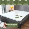 A mattress topper is shown on a bed, with various sizes indicated at the top and a close-up of elastic corner bands at the bottom. Produktbild-Vorschau