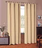 A pair of beige curtains hanging in front of a window, with a dresser and chairs visible to the sides. Produktbild-Vorschau