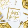 A flat lay of New Year's Eve party supplies, including plates, napkins, and straws, all with a gold and white color scheme and 'Happy New Year' text. Produktbild-Vorschau