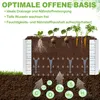 Diagram showing the optimal open base of a raised garden bed with plant roots growing and nutrients being absorbed. Voir les images du produit