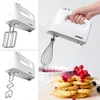 A collage of images showing a white electric hand mixer with various attachments, including beaters, dough hooks, and a whisk. One image shows a hand holding the mixer, another shows it with beaters, and a third shows it with dough hooks. The bottom right  Produktbild-Vorschau