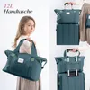 A collage of images showing a woman holding a teal duffel bag, and a stack of teal luggage with a teal duffel bag on top. Produktbild-Vorschau