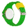 The back view of a green and yellow Ice-Watch with its silver buckle and case. Produktbild-Vorschau
