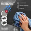 A hand is wiping a gray mesh fabric with a blue microfiber cloth. The image also shows diagrams of mesh fabric and dog beds, along with text highlighting product features. Produktbild-Vorschau