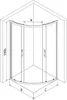 A line drawing diagram of a curved shower enclosure with dimensions labeled. Podgląd zdjęcia produktu