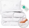 A folded duvet and pillow set, with a close-up inset showing a hand touching the fabric. Produktbild-Vorschau