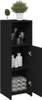A black bathroom cabinet with its door open, showing shelves with various items. Náhled obrázku produktu