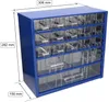 A blue metal storage box with multiple clear plastic drawers, shown with dimensions indicated by measurement lines and text. Produktbild-Vorschau