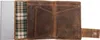 An open brown leather wallet with a plaid fabric lining and a silver card holder. Produktbild-Vorschau