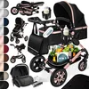 A collage of a black and rose gold 4-in-1 stroller set, showcasing different configurations and accessories, with color swatches on the left. Produktbild-Vorschau