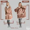 Two women are shown wearing oversized hoodie blankets, one labeled 'LARGE' and the other 'MEDIUM', with measurements indicating size differences. Produktbild-Vorschau