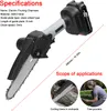A close-up of a mini electric pruning chainsaw with specifications and scope of applications shown. Produktbild-Vorschau