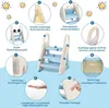 A collage of images showing features of a children's step stool, with text descriptions and callouts. Produktbild-Vorschau