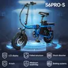 A blue electric folding bicycle is displayed on a futuristic blue and black background with feature callouts. Produktbild-Vorschau