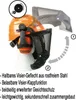 A safety helmet with a face shield and ear protection, shown on a stand, with diagrams and text describing its features. Produktbild-Vorschau