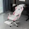 A white and pink gaming chair with a footrest extended, shown in a room with a desk and bookshelf in the background. Anteprima dell’immagine prodotto