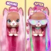 A split image showing a doll's styling head before and after customization, with the 'before' side on the left and the 'after' side on the right. Podgląd zdjęcia produktu