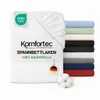 A white fitted sheet is shown prominently, with a stack of other fitted sheets in various colors in the background. A cotton boll is also visible. Produktbild-Vorschau
