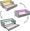 A collage of images showing a sofa bed in different configurations and with different LED light colors. Produktbild-Vorschau