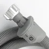 A close-up of a grey plastic and silver metal hose connector with a ribbed hose attached. Produktbild-Vorschau