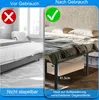 A split image showing a bed frame before and after use, highlighting storage space. Produktbild-Vorschau