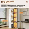 A white cabinet with glass doors displaying items, next to a desk with a laptop. Produktbild-Vorschau