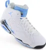 A single white Air Jordan basketball shoe with light blue accents is shown against a white background. Produktbild-Vorschau