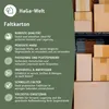 A graphic with text describing product features and a stack of cardboard boxes in the background. Produktbild-Vorschau