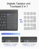 A split image showing a digital keyboard and touchpad on the left, and a separate numeric keypad on the right, with arrows indicating a transition. Below are two close-ups of the keyboard's indicator lights and labels. Produktbild-Vorschau
