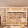 A child's bedroom with a bunk bed designed to look like a house, featuring stairs with storage and decorative lights. Náhled obrázku produktu