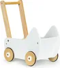 A white wooden toy doll stroller with wooden handles and wheels, shown from a side-diagonal angle against a white background. Produktbild-Vorschau