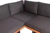 Close-up view of a corner sofa with dark gray cushions and a wooden frame. Produktbild-Vorschau