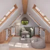 A cozy attic room with slanted ceilings and skylights, furnished with a green armchair, a coffee table, storage cabinets, and a beanbag chair. Náhled obrázku produktu