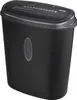 A black paper shredder with a gray top and an oval window on the front. Produktbild-Vorschau