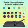 A graphic tablet and stylus are shown on a gradient background with icons representing operating systems and software compatibility. Voir les images du produit