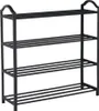 A black metal shoe rack with four shelves, shown against a white background. Produktbild-Vorschau