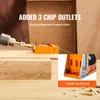 A close-up view of a woodworking jig with a drill bit, demonstrating its chip outlets, set against a wooden background. Náhled obrázku produktu