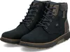 A pair of blue leather lace-up boots with brown accents and a grey knitted collar, shown against a white background. Podgląd zdjęcia produktu