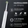A white electric toothbrush is shown next to marketing text and icons detailing its features. Produktbild-Vorschau