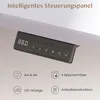 A close-up of a black control panel for a height-adjustable desk, with text descriptions of its features below. Produktbild-Vorschau