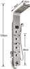 A stainless steel shower panel system with various controls and a handheld showerhead, shown against a white background with dimensions indicated. Náhľad obrázku produktu