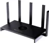 A black WiFi router with multiple antennas is shown from a slightly elevated front-left angle against a white background. Produktbild-Vorschau