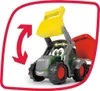 A toy tractor with a front loader and a trailer, shown with a red arrow indicating movement. Produktbild-Vorschau