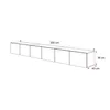 A diagram of a long, low cabinet with dimensions indicated. Voir les images du produit
