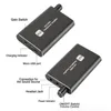 Two views of a portable HiFi headphone amplifier with labels pointing out its features. Produktbild-Vorschau