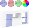 A white corner TV stand with glass shelves, illuminated by blue LED lights. Podgląd zdjęcia produktu