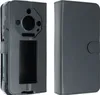 A black leather wallet-style phone case is shown from two angles: one open to reveal the phone slot and camera cutout, and the other closed. Náhled obrázku produktu